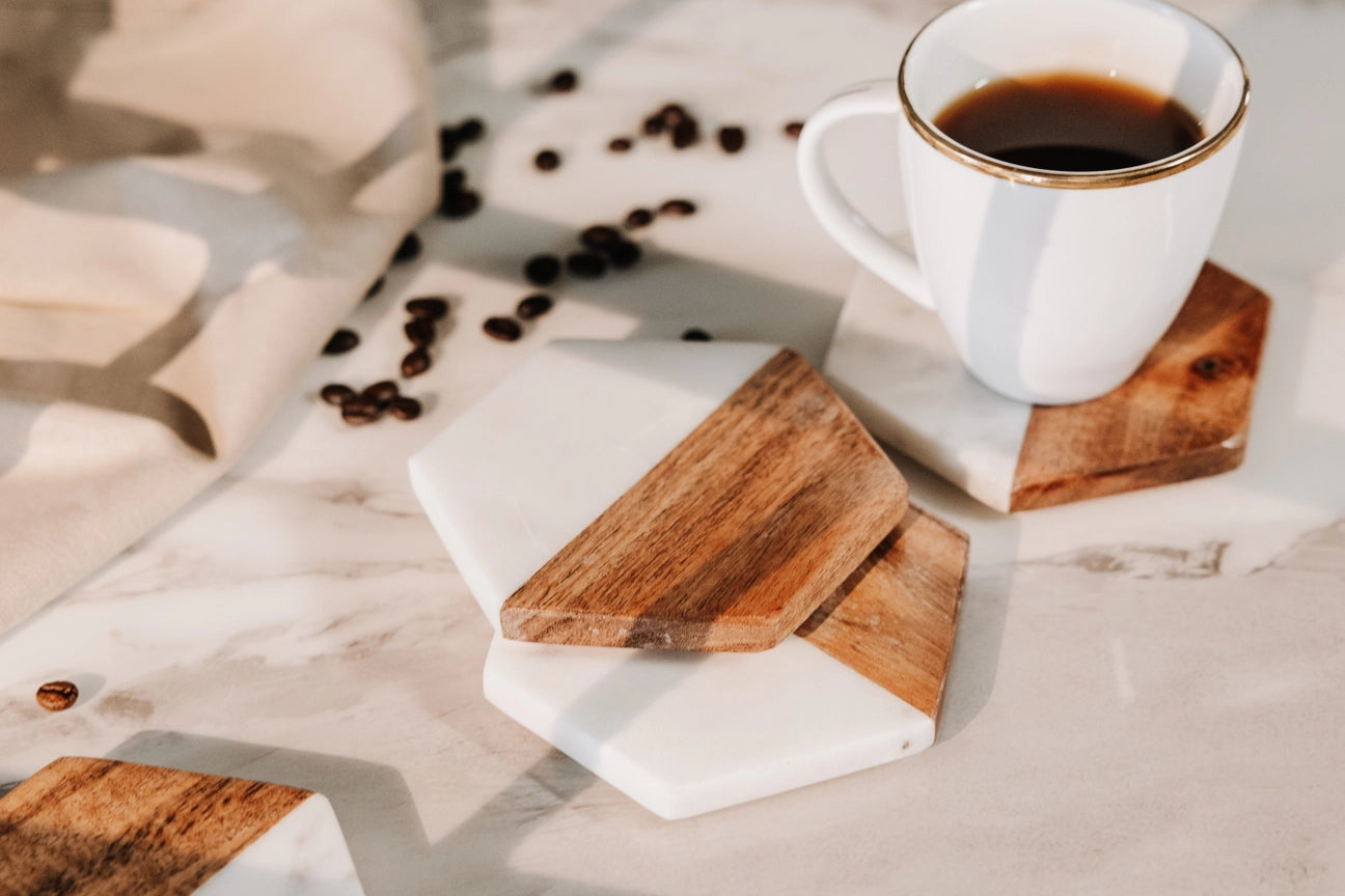 Luxury Hexagonal Coaster, Light Charcoal Marble & Acacia Wood - Custom Engraved