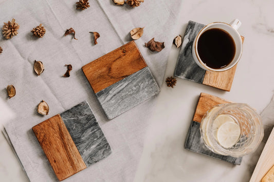 Luxury Square Coaster, Light Charcoal Marble & Acacia Wood - Custom Engraved