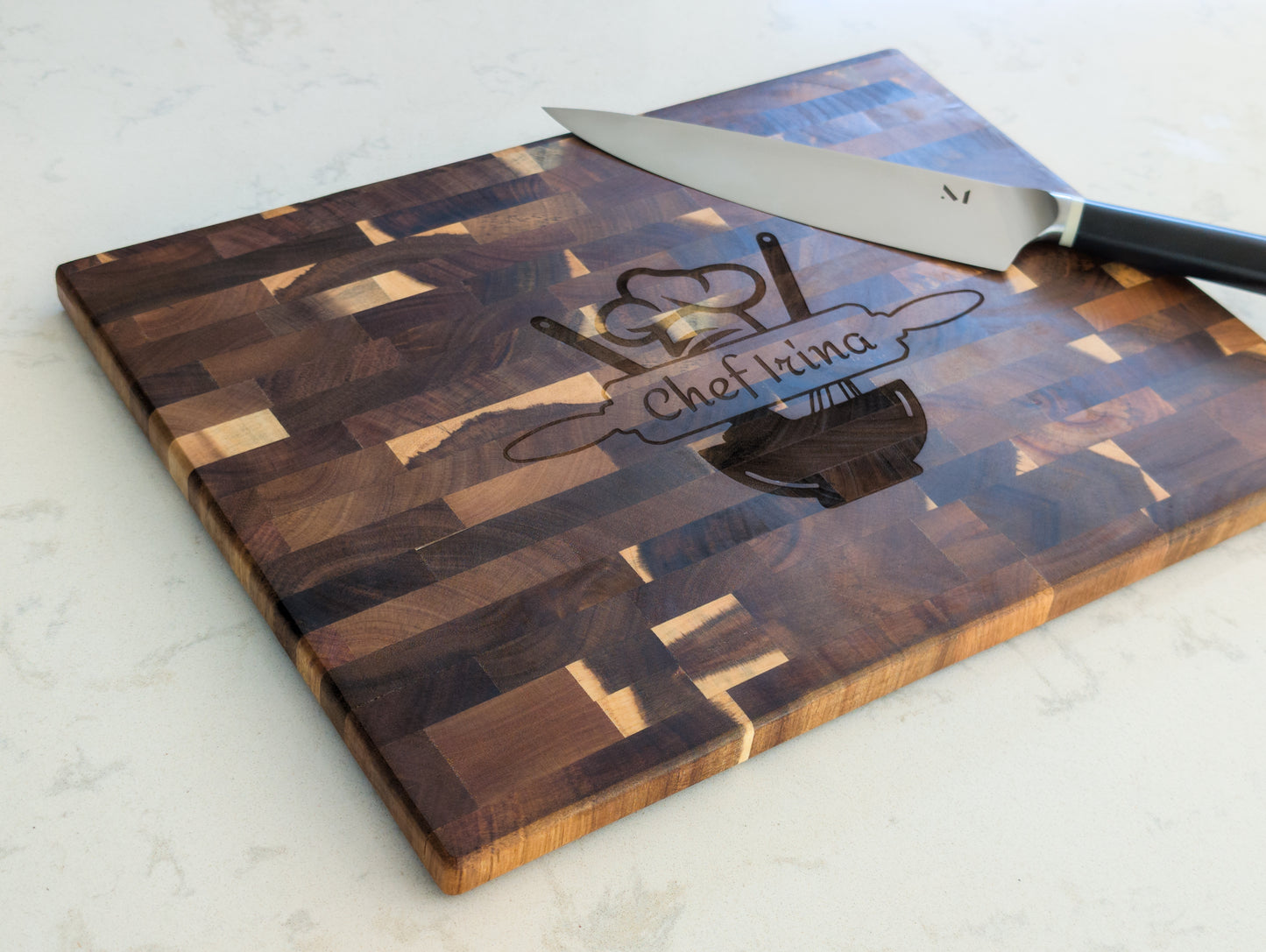 Custom Engraved Acacia End Grain Cutting Board – Personalized Butcher Block 12" x 16" | Chef Gift, Wedding Gift, Kitchen Decor