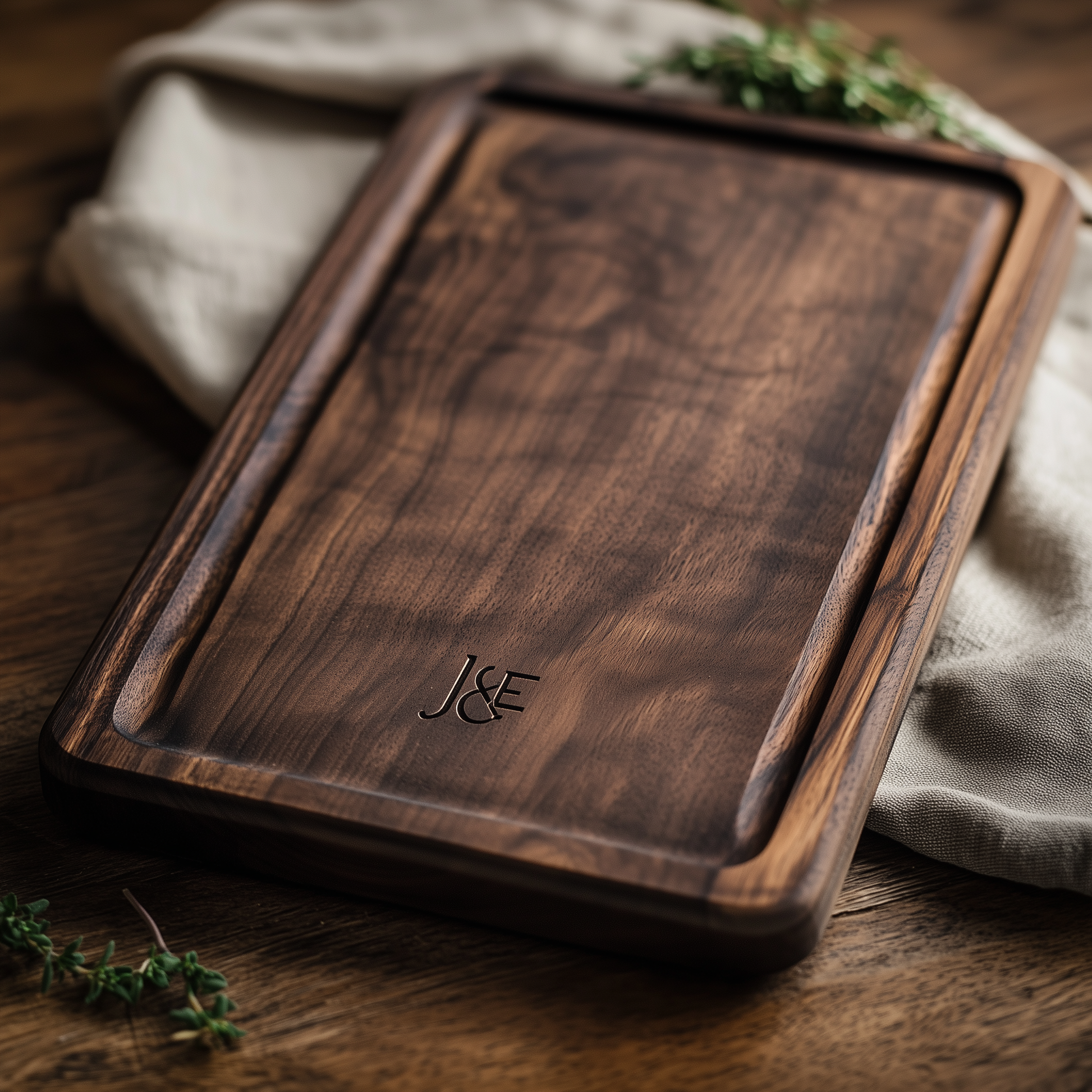 A rectangular cutting board made from black walnut wood, measuring 12x18 inches, featuring a custom laser-engraved monogram for personalization.