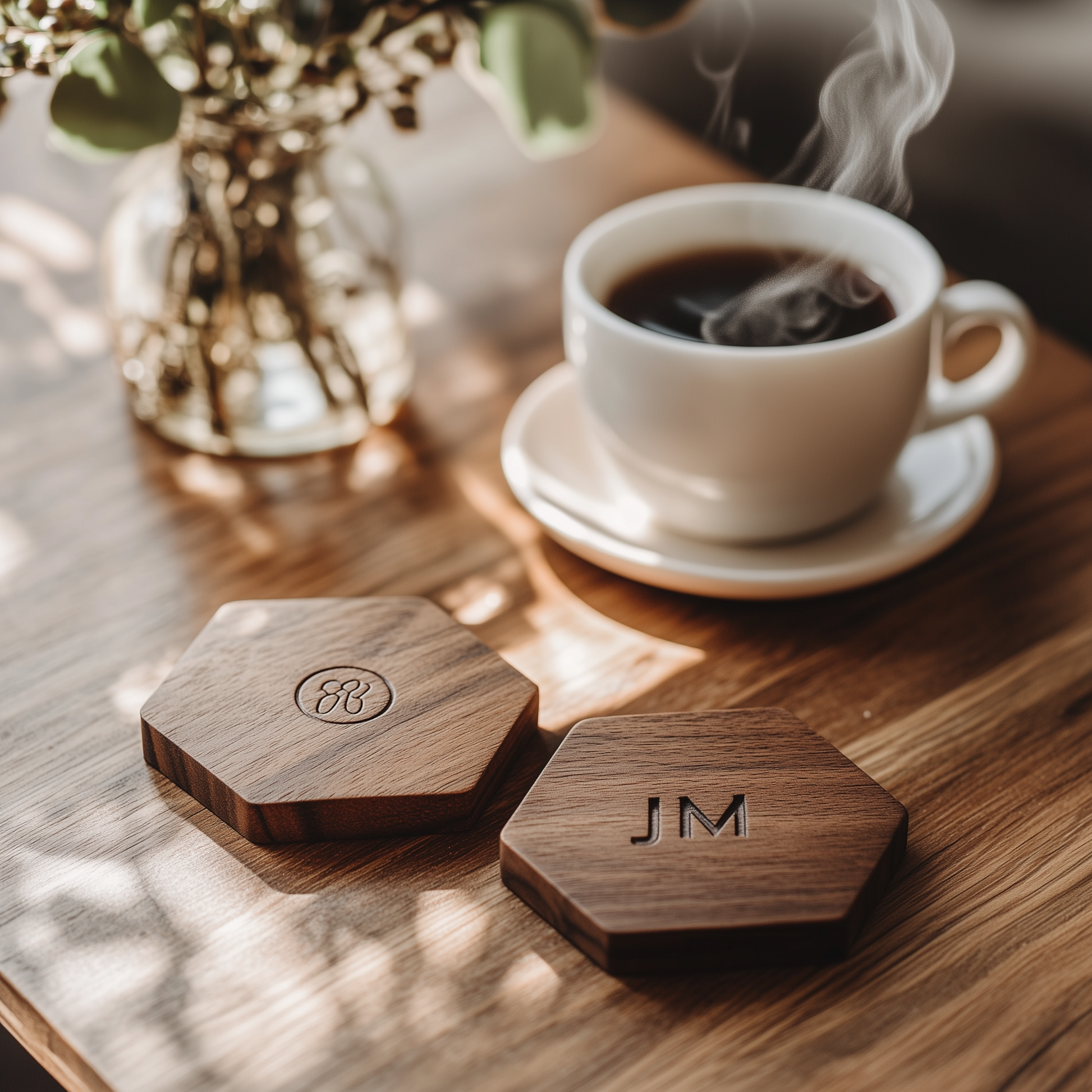 A set of hexagonal coasters made from black walnut wood, featuring custom laser engraving for personalization