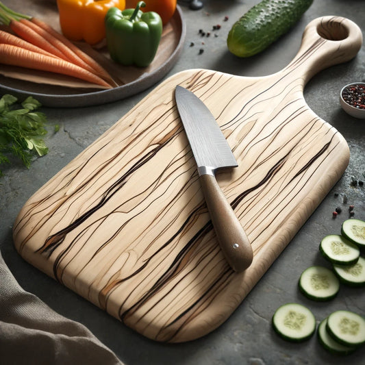 A paddle-style cutting board crafted from black walnut wood, customizable with laser engraving for personalization.